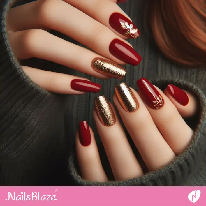 Blood Red Nails Gold Foil Design | Foil Nails - NB4117